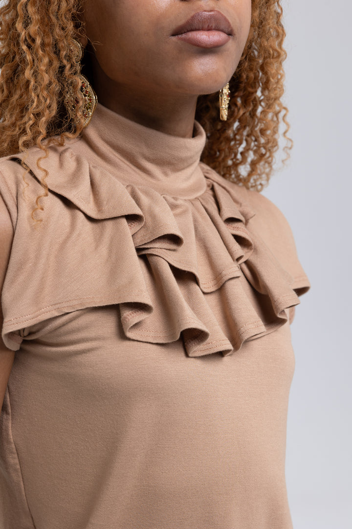 Cotton Jersey Ruffled Turtleneck Blouse