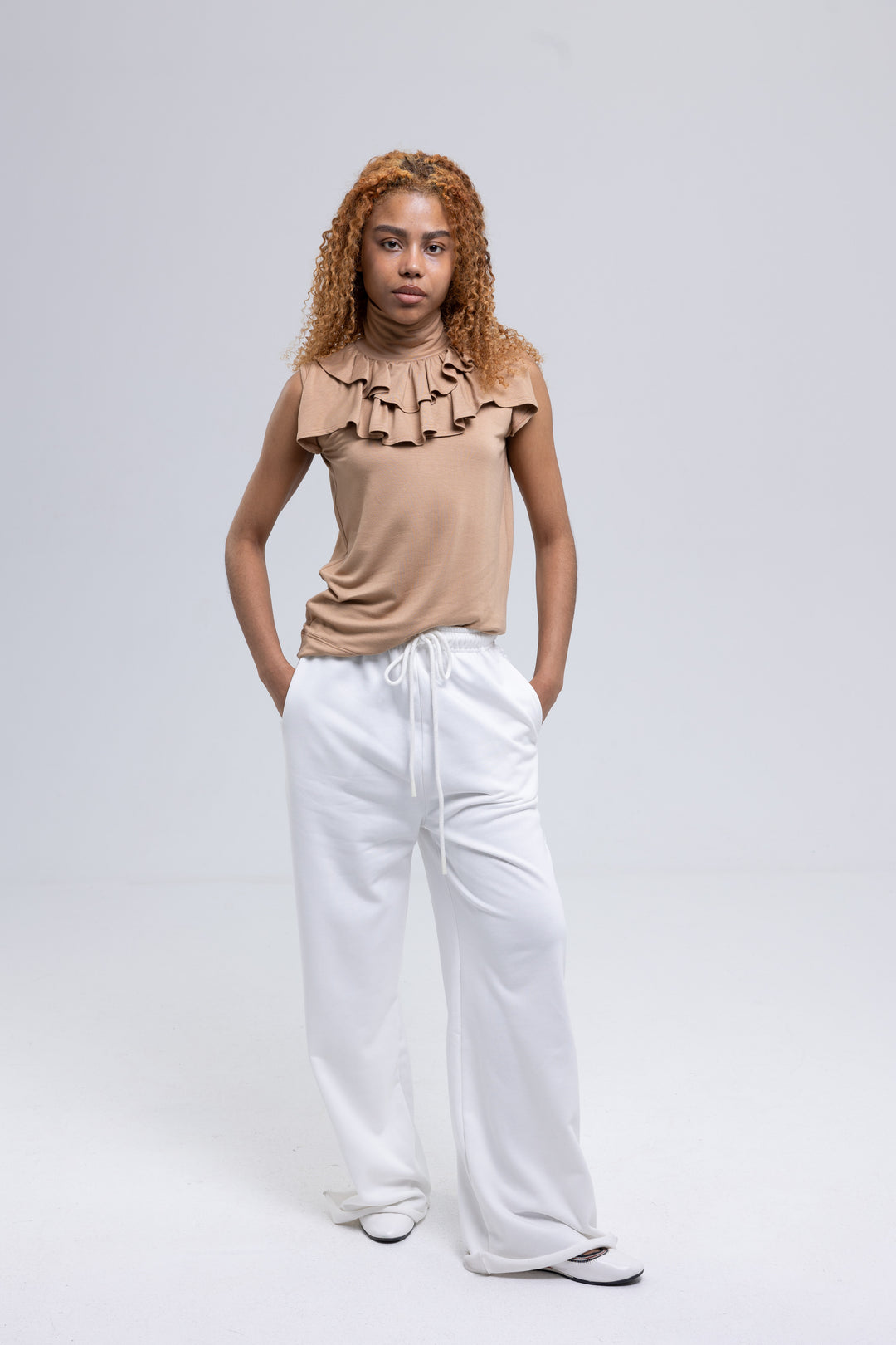 Cotton Jersey Ruffled Turtleneck Blouse