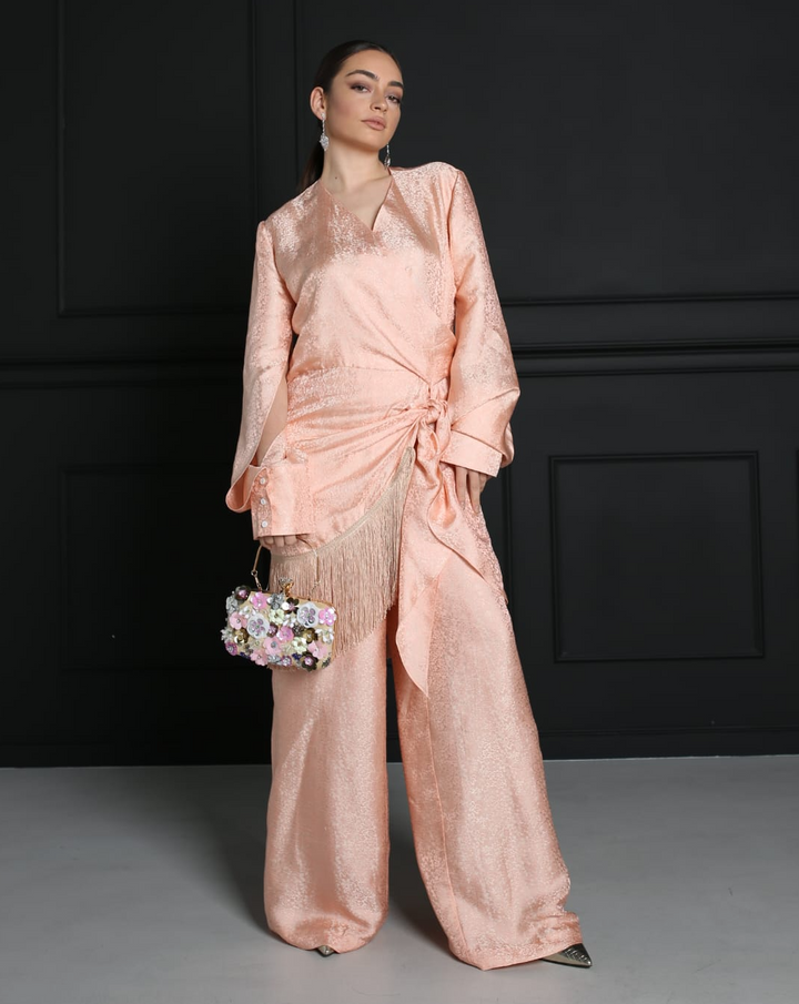 Luxury Floral Print Natural Silk Fringe Trousers Ensemble