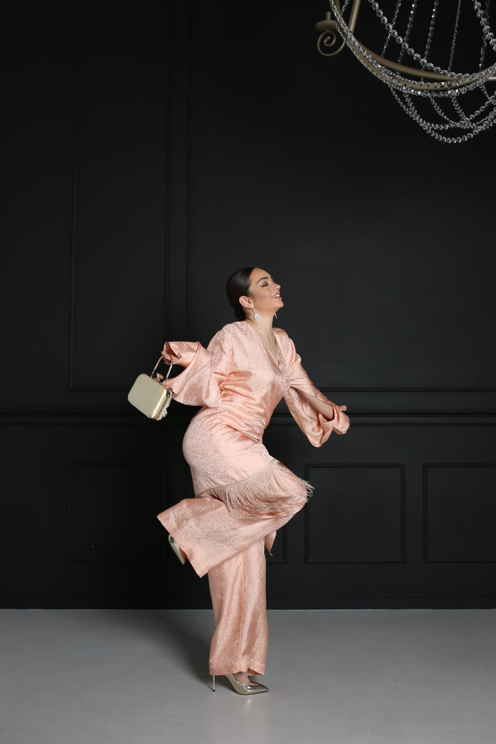 Pure mulberry luxurious floral print, natural silk pants ensemble with fringe - Baleni