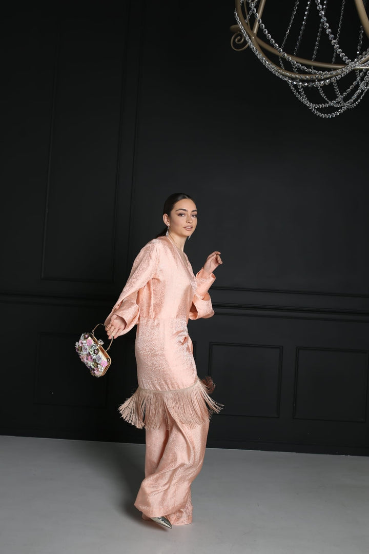 Pure mulberry luxurious floral print, natural silk pants ensemble with fringe - Baleni