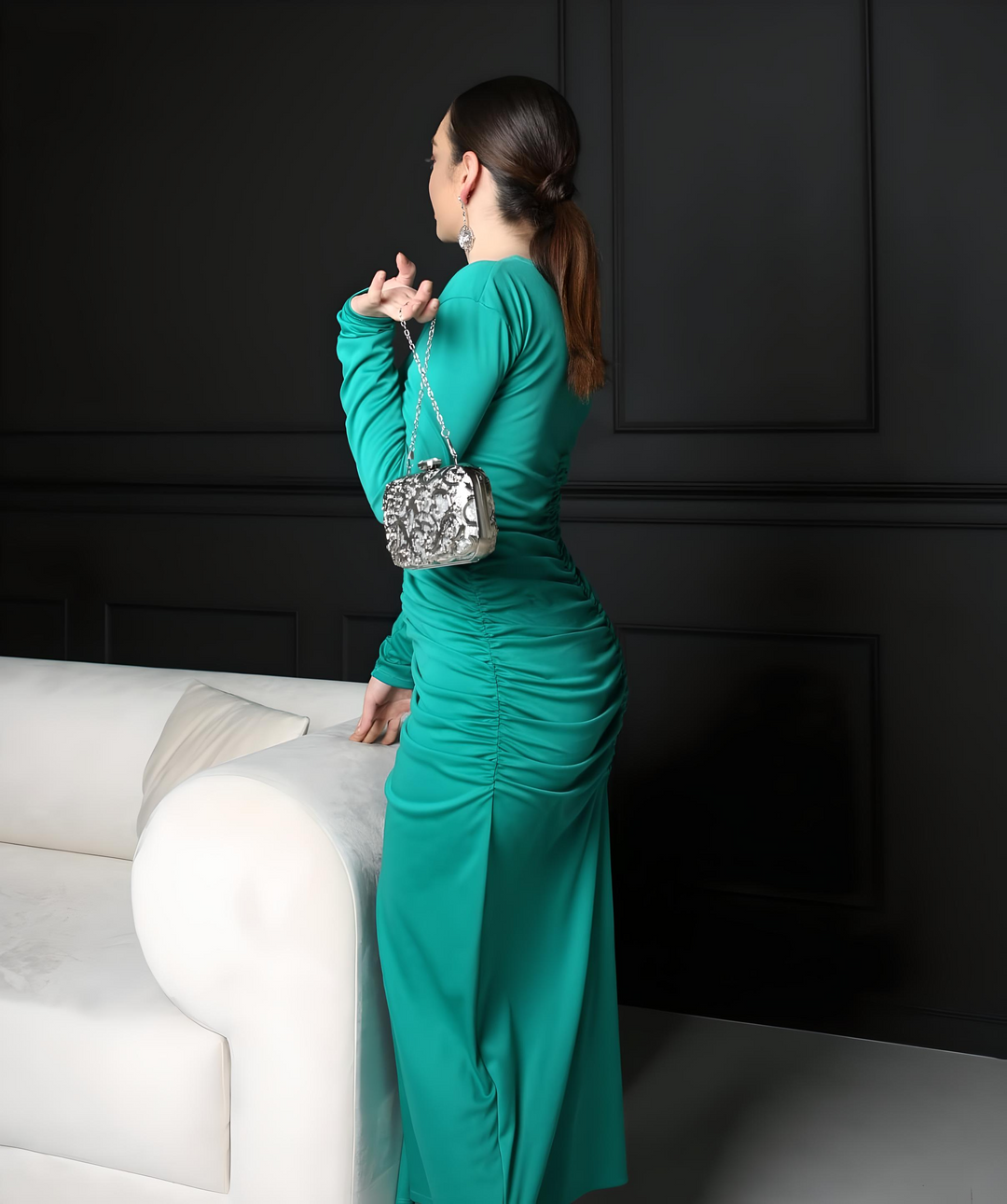 Polyester Knit Gathered Maxi Dress