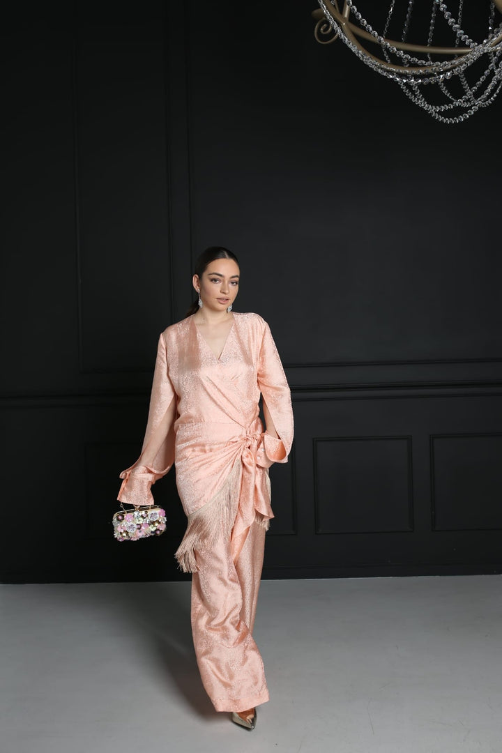 Pure mulberry luxurious floral print, natural silk pants ensemble with fringe - Baleni
