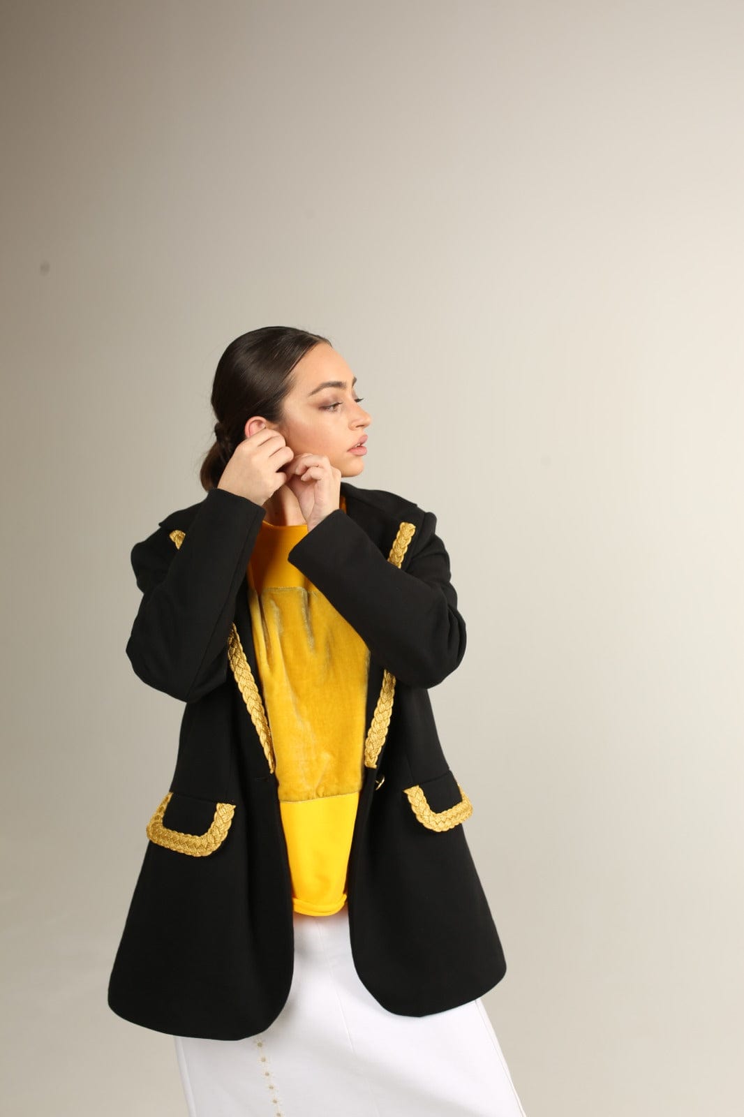 Virgin cotton heavy blazer with gold metallic braid trim - Baleni