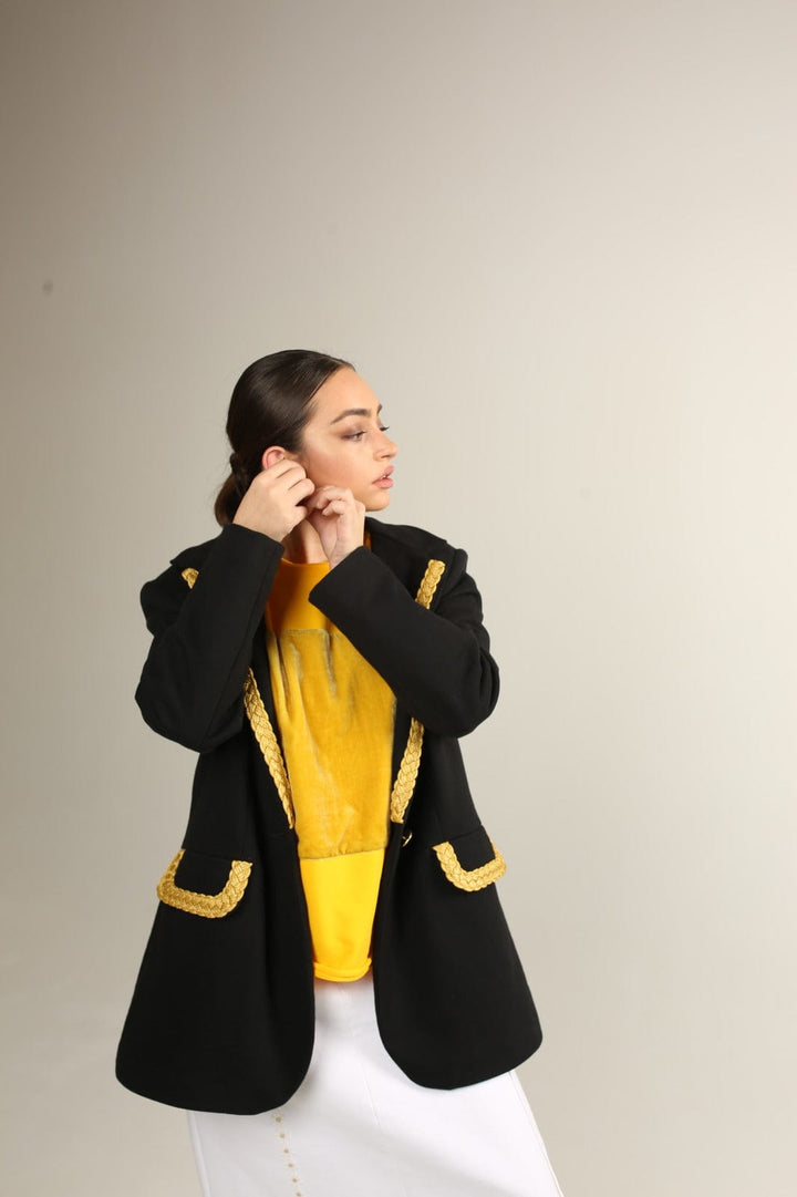 Virgin cotton heavy blazer with gold metallic braid trim - Baleni